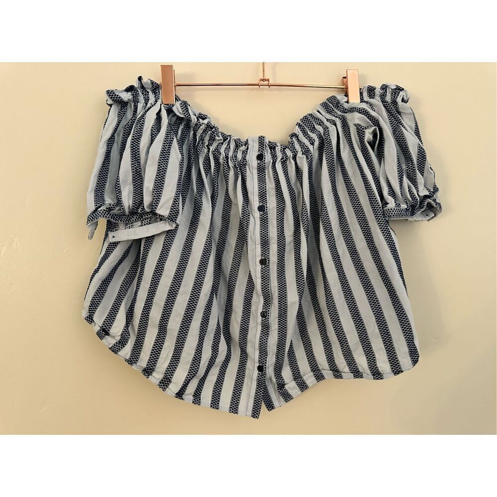 ZARA Trafaluc Blue and White Off The Shoulder Top Size Small
